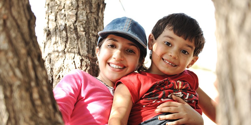 Children in scout camp playing on tree