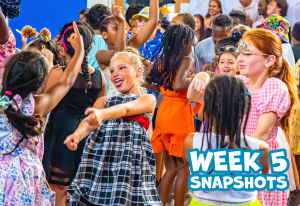Children dancing and having fun at a colorful event with text Week 5 Snapshots in corner